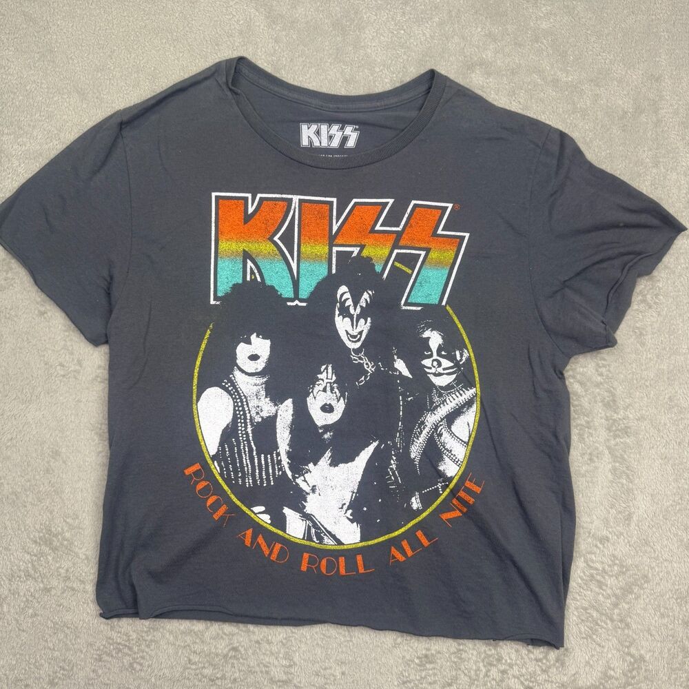 Vintage Kiss Rock And Roll All Nite T-Shirt Women Medium Gray Graphic Print Logo